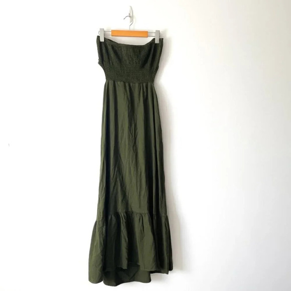 Zara Linen Blend Strapless Smocked Tiered Maxi Dress NWT Olive Green Size M - Picture 4 of 9